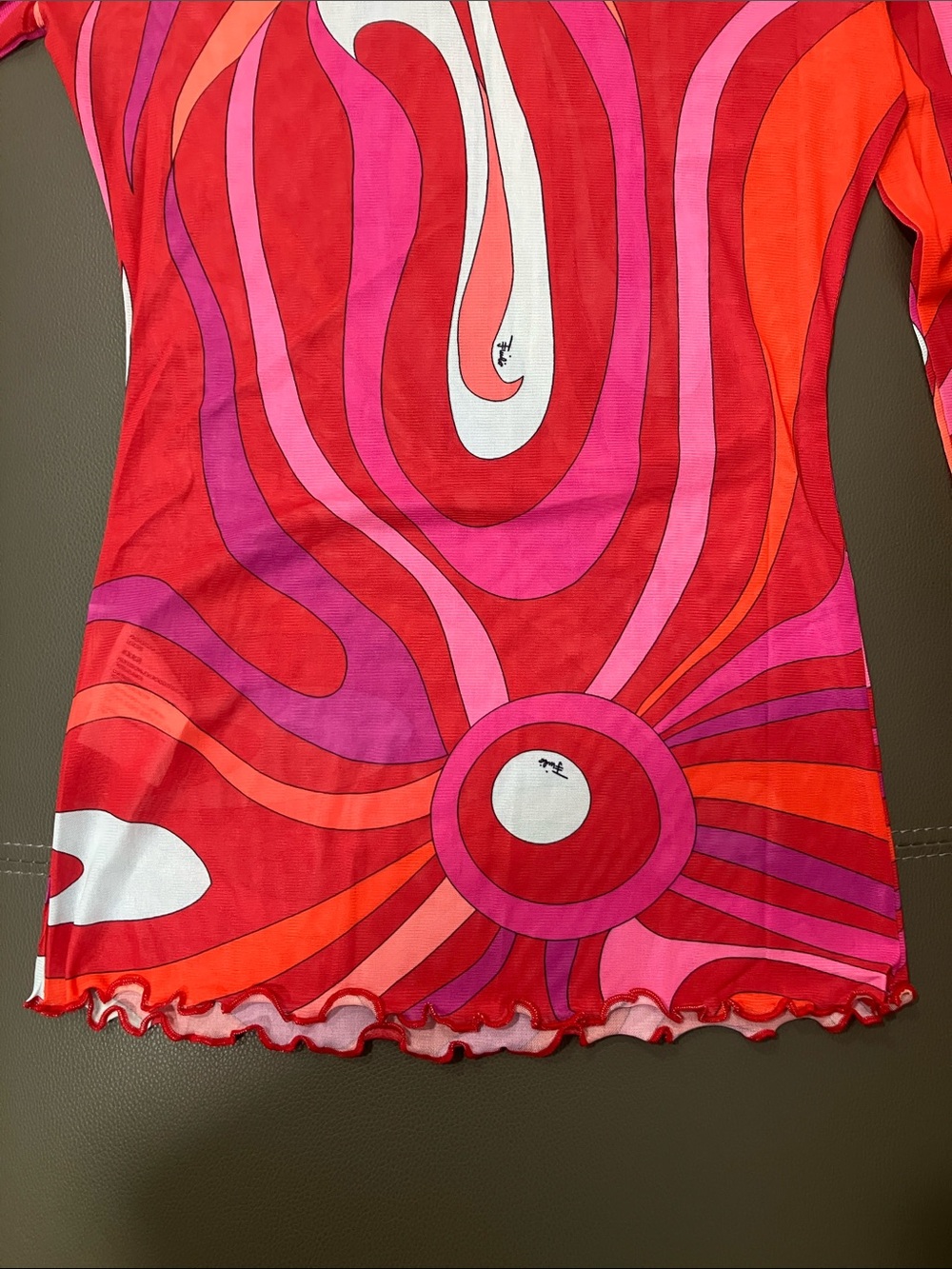Emilio Pucci Red Pink Orange Swirl Long-Sleeve Mesh Top - Picture 7 of 8